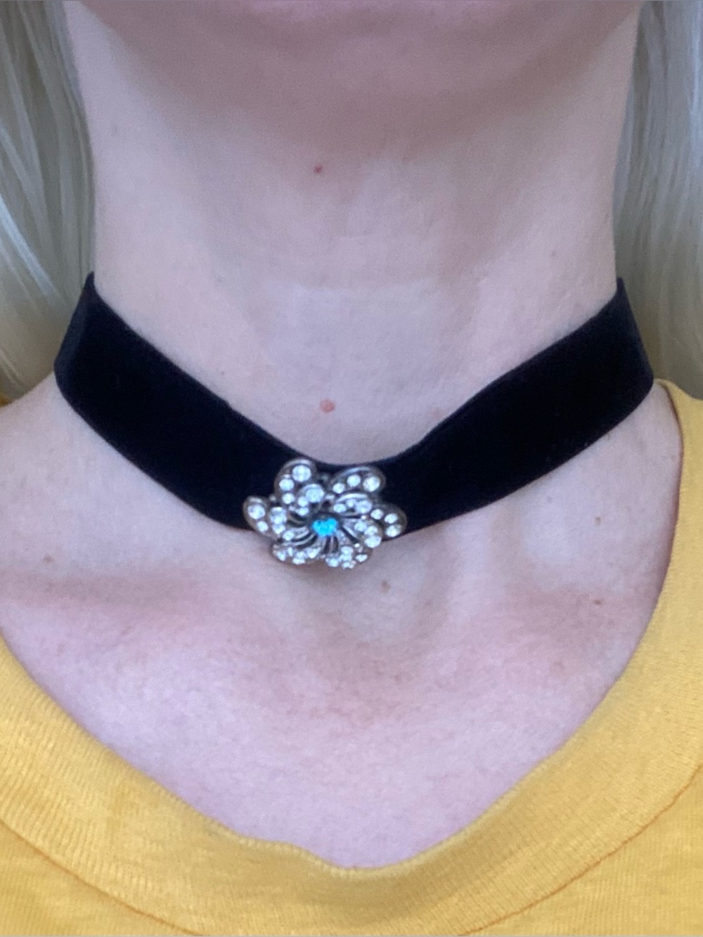 Vintage Black Velvet Choker Necklace with Crystal Flower Accent